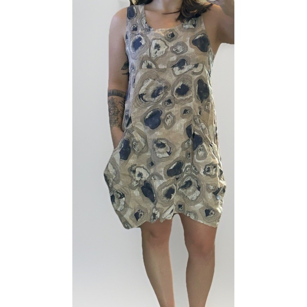 Lands Downunder Abstract 100% Linen Bubble Hem Mini Dress M Italy Boho Pockets